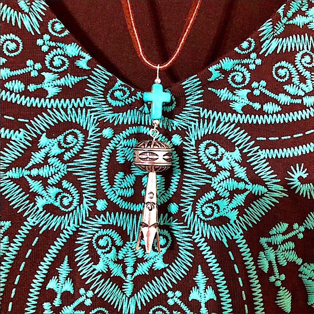 TURQUOISE CROSS SILVER SQUASH BLOSSOM LONG BROWN LEATHER NECKLACE TIE AS DESIRED
